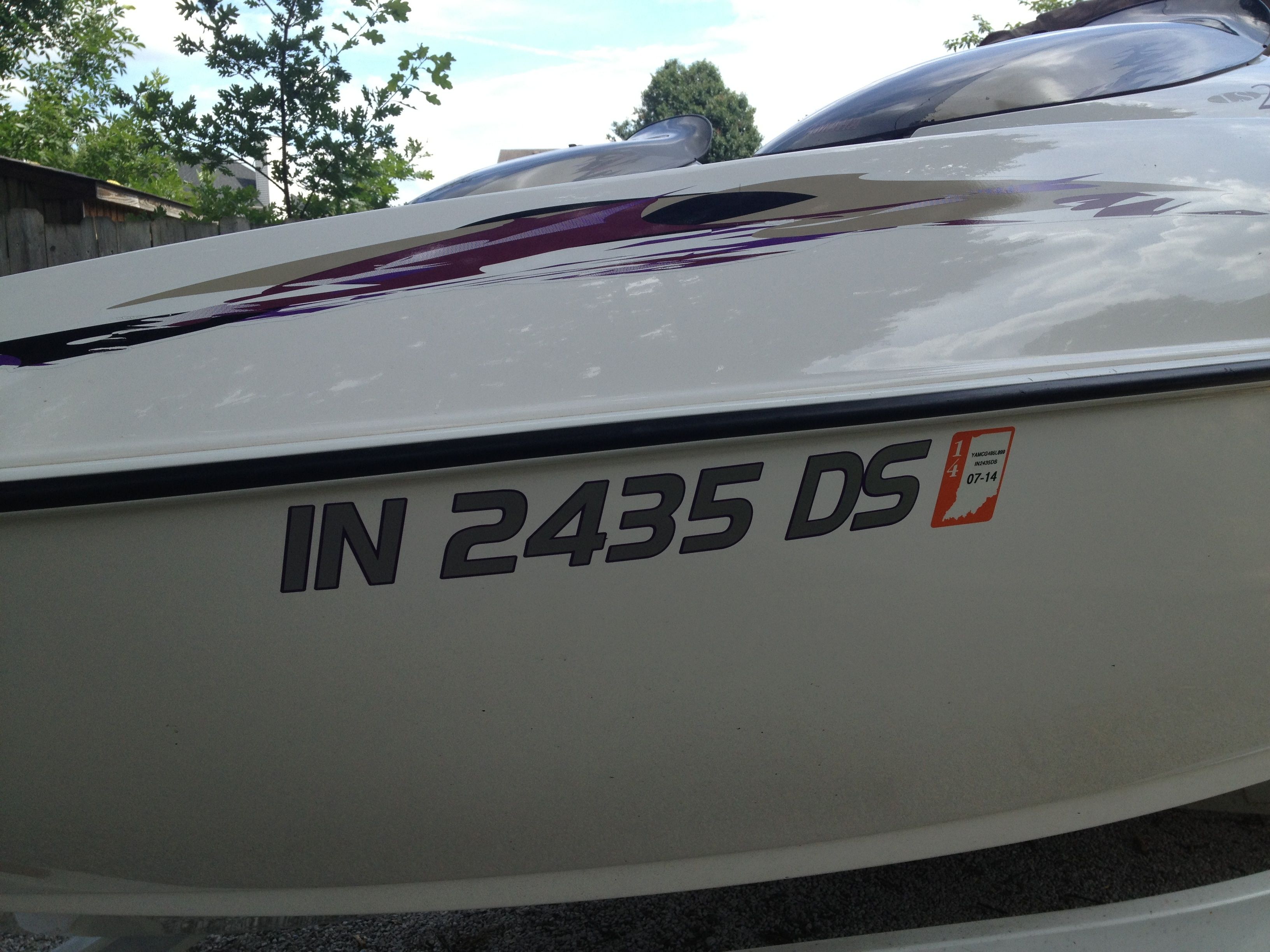 Boat registration, purple with silver