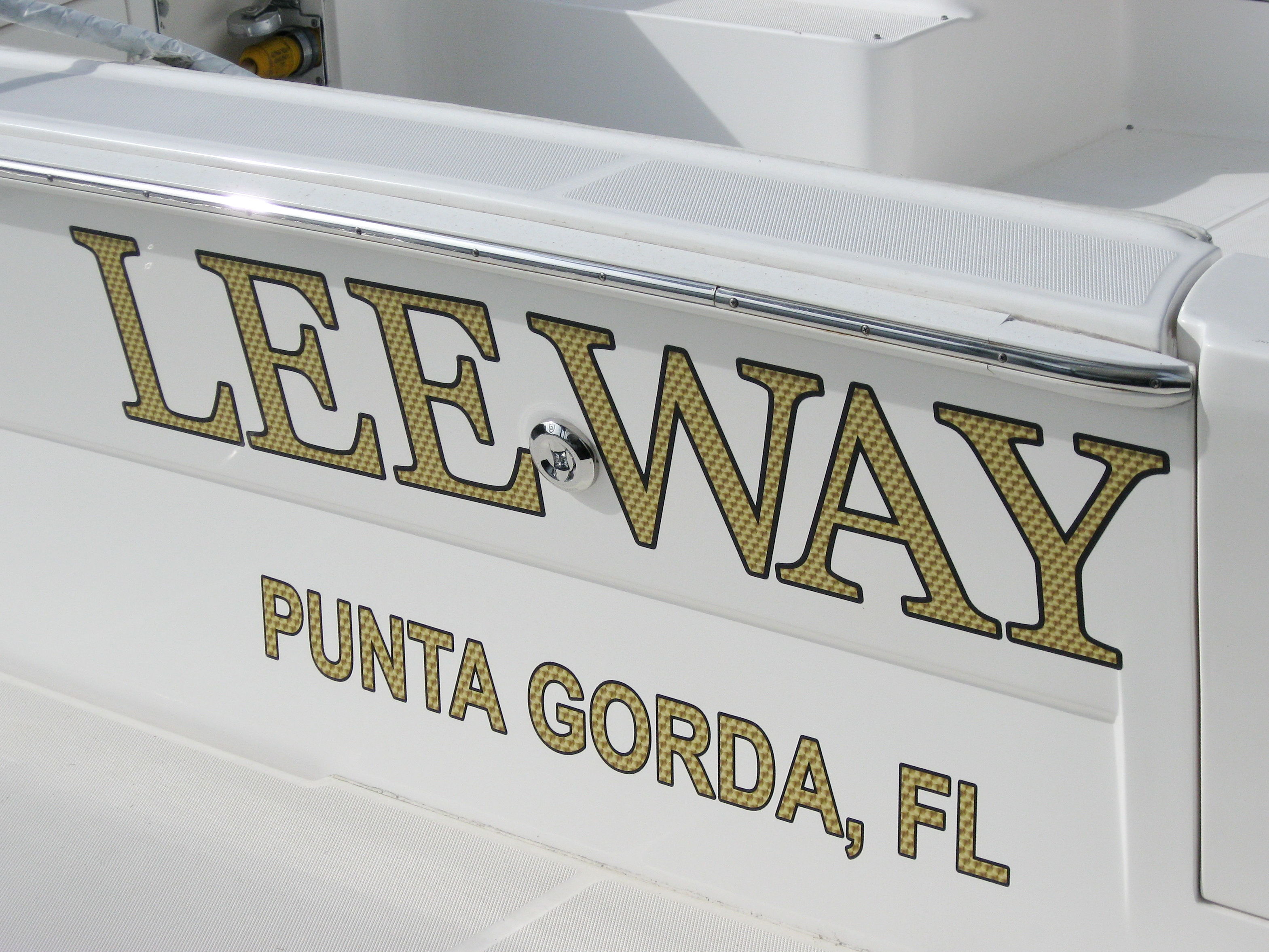Engine Turned Gold Leaf Boat Name and Hailing Port