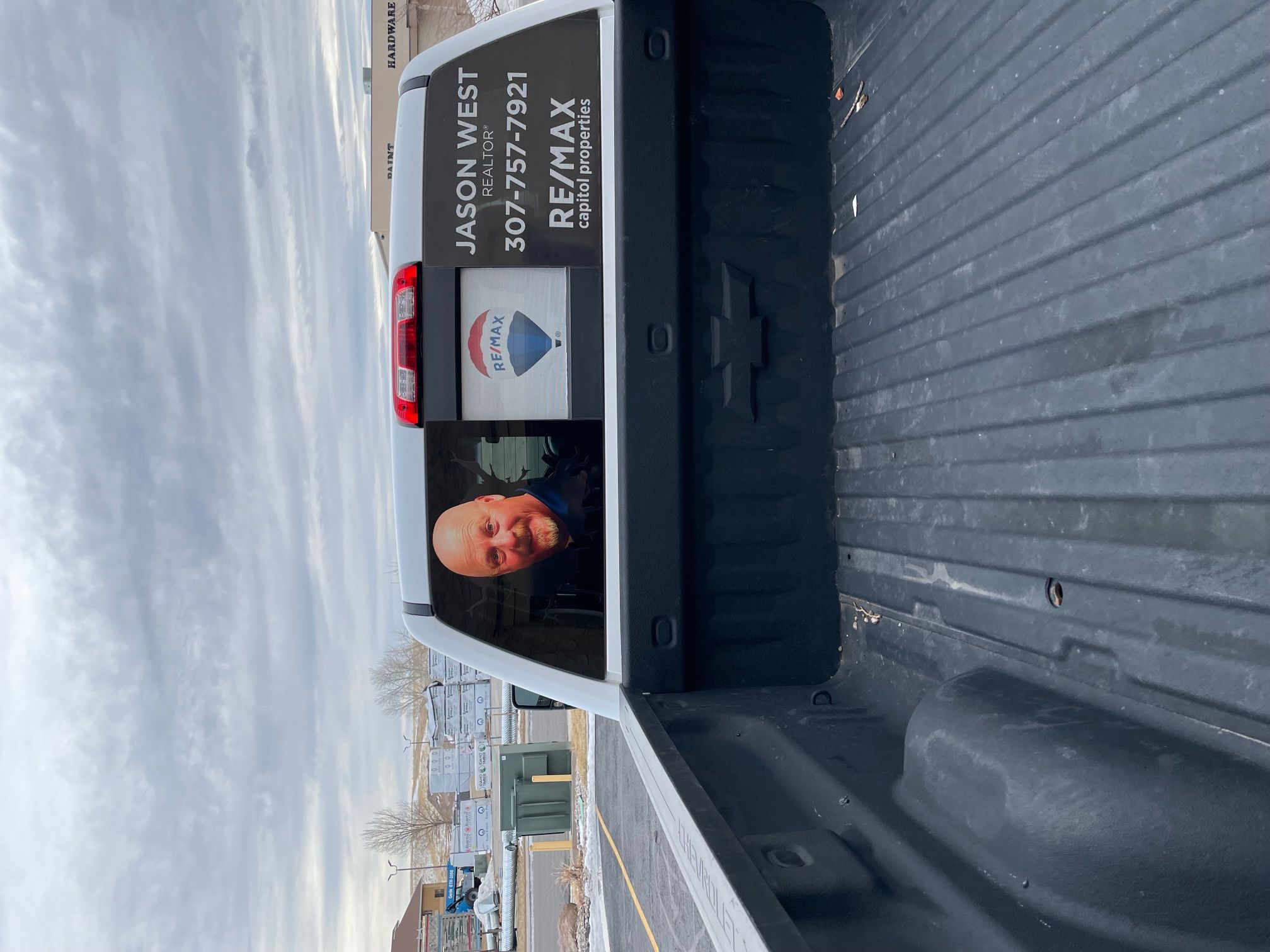 The decal was put on this truck back window. It was the mans head. 
