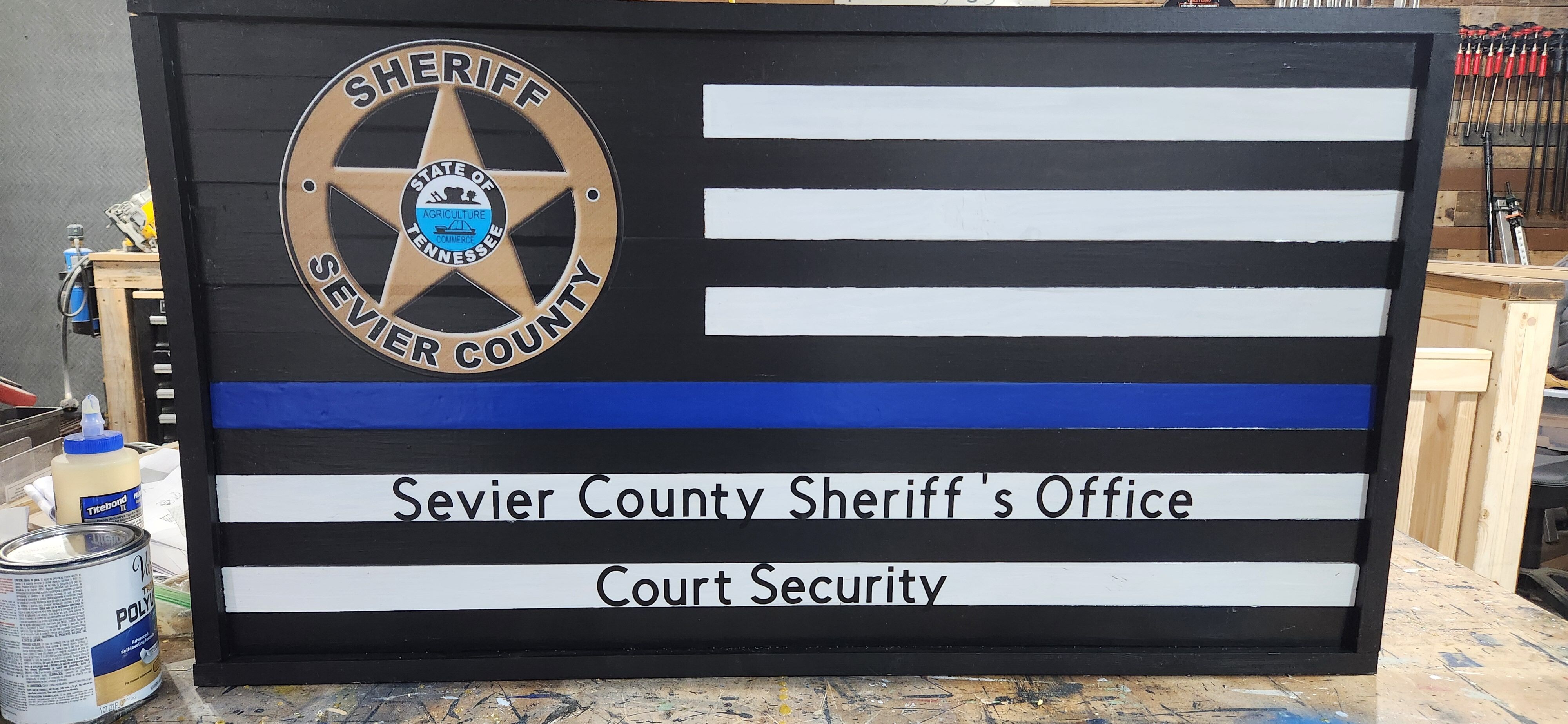 A 37x19 Thin Blue Line Flag made for thr Sevier zCounty (TN) Court Security Division.